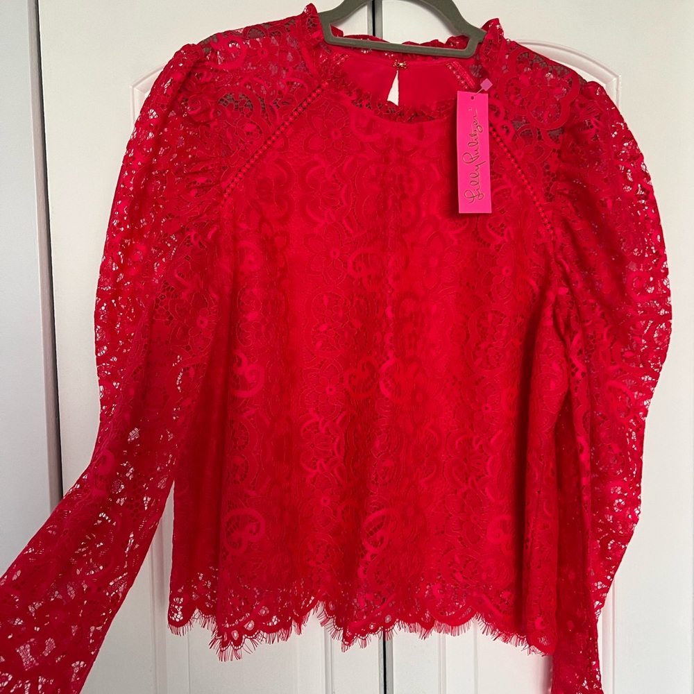 Lilly Pulitzer Red Lace Long-Sleeve Blouse - Picture 8 of 8